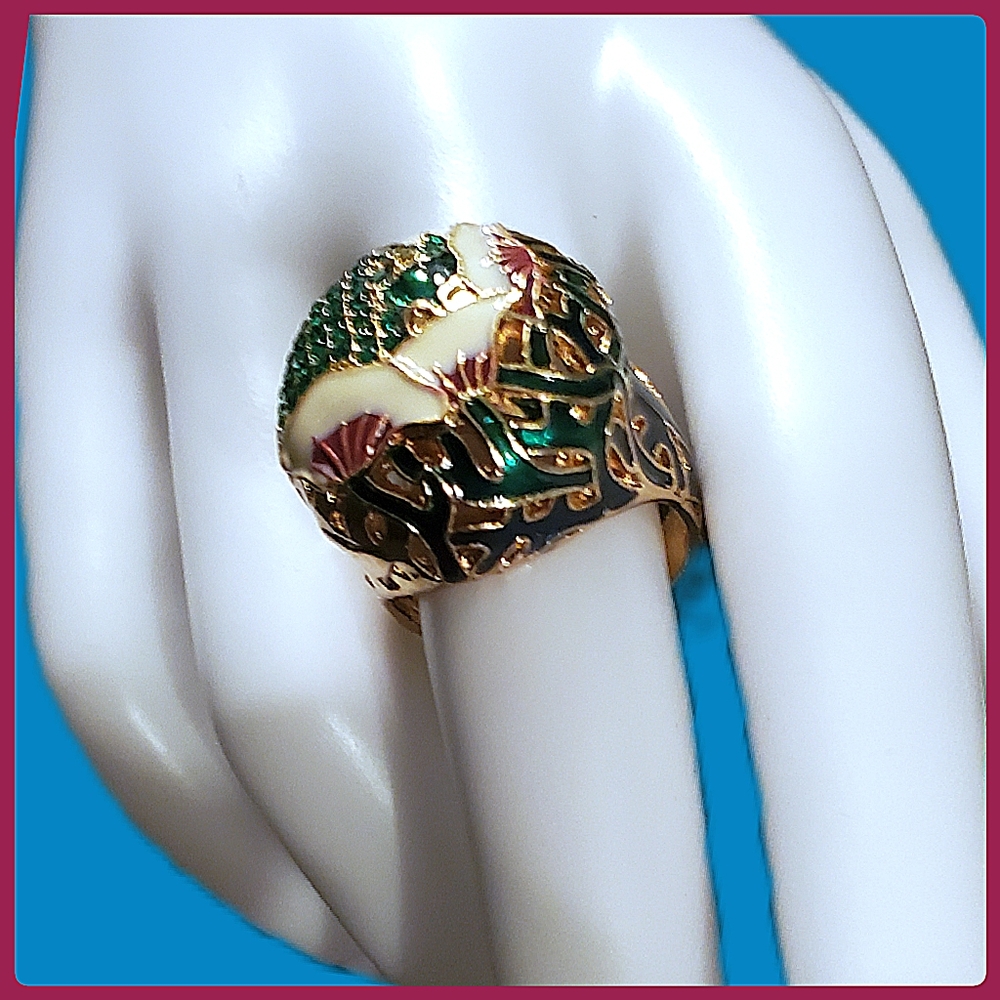Stunning Enamel Callie Lilly with Green Crystals Ring